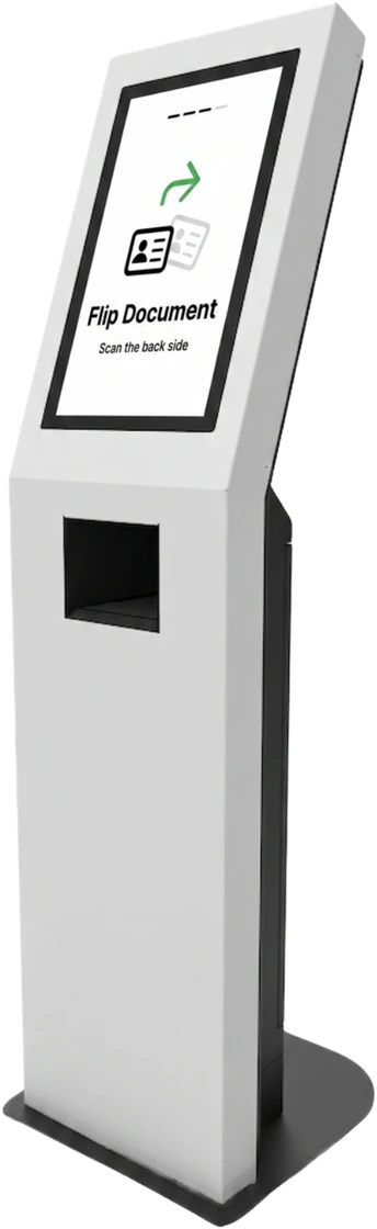 AVE Identity self-service kiosk with touchscreen and document slot